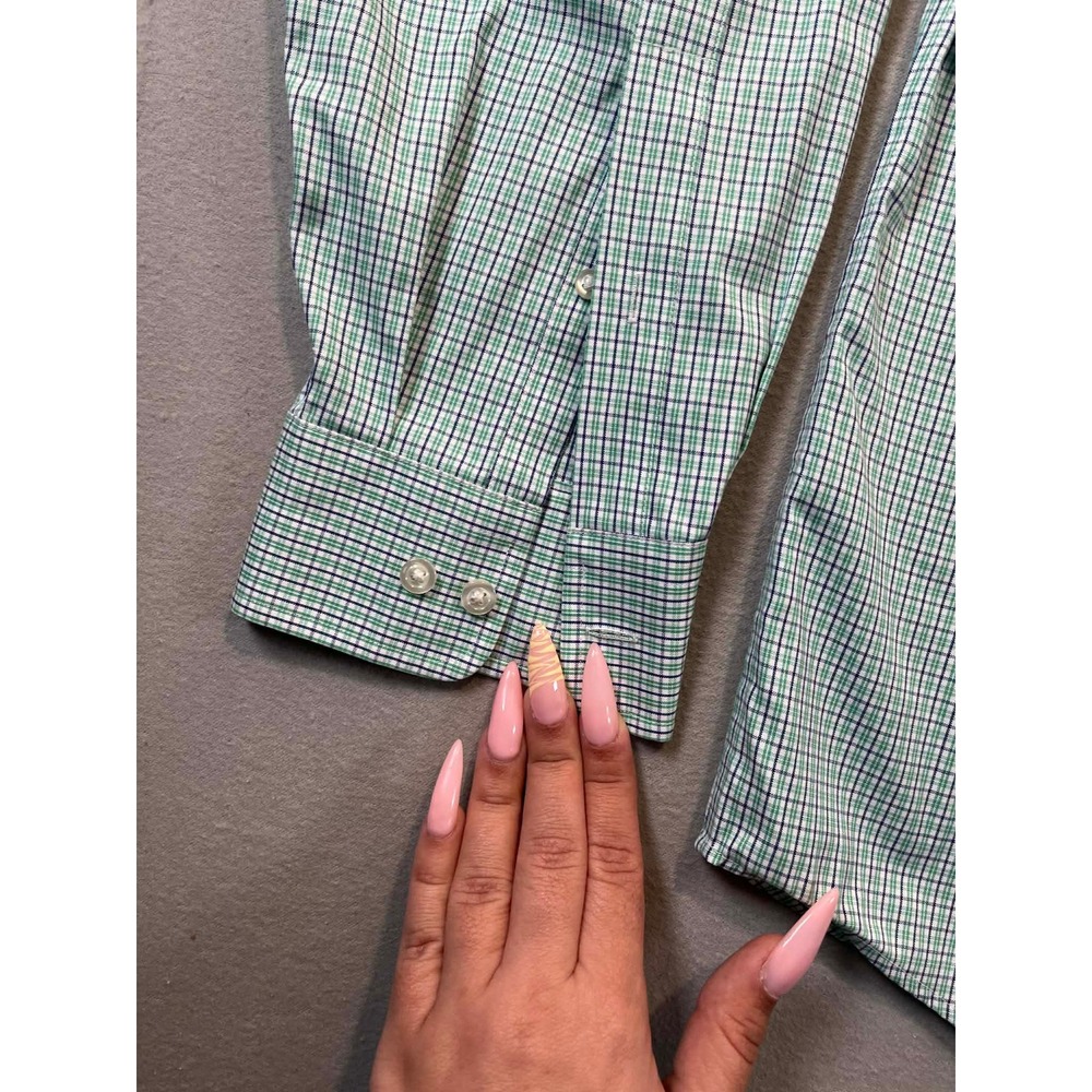 Lands End Mens XL No Iron Oxford Shirt Green Blue Check Button Down - Picture 8 of 11